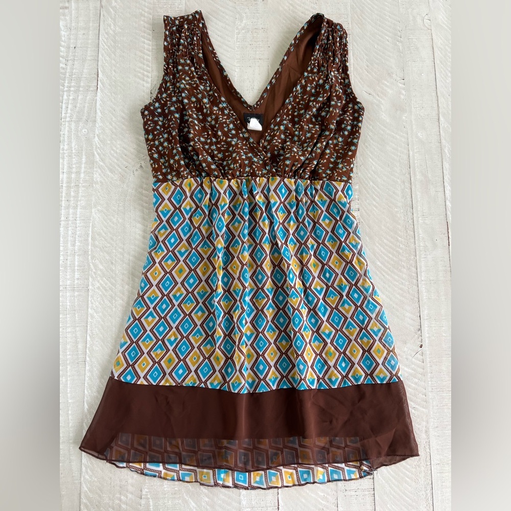 Vintage Vanity Babydool Brown & Blue Sleeveless Dress | Top size Small